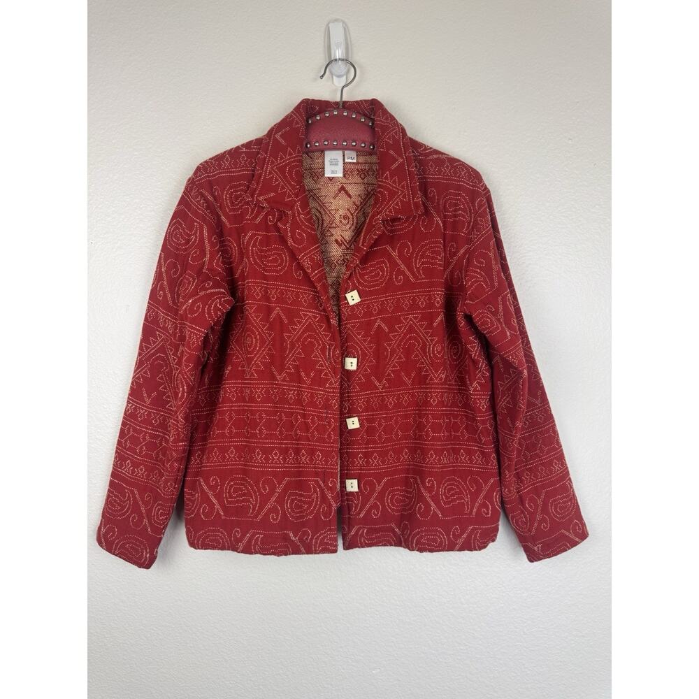 Coldwater Creek Boho Stitched Embroidered Tapestry Jacket Button Front Red PM